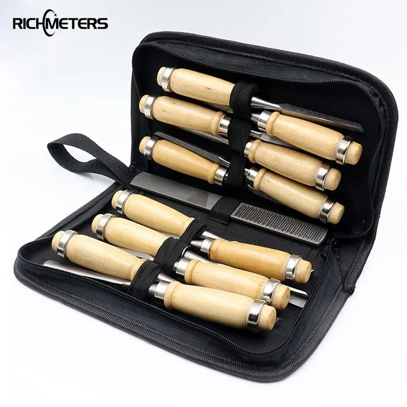 

RICHMETERS 14PCS Wood Chisel File Set Carving Woodworking Tools Sets with Bag H121