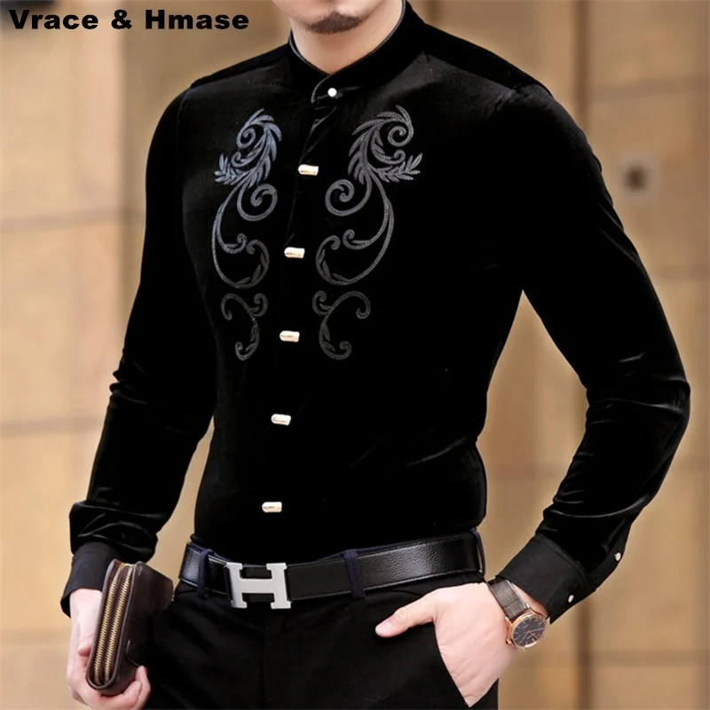 

2018 Autumn and Winter new fashion slim quality long sleeve shirt Business casual high-end gold velvet boutique men shirt M-XXXL