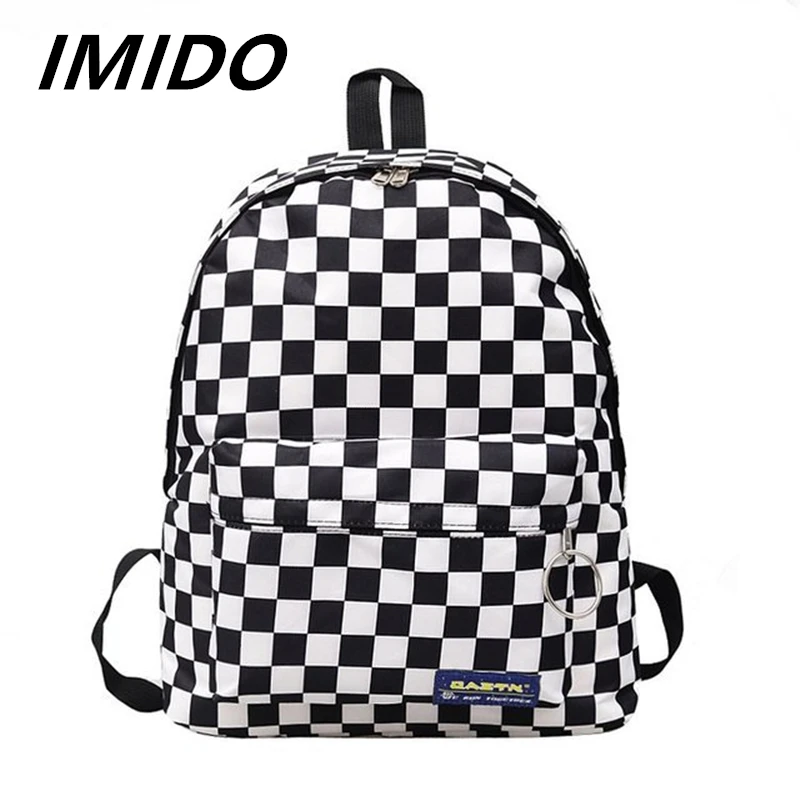 

IMIDO 2019 Summer New Style Black And White Plaid College Backpack Labeling Retro Fashion Book Travel Leisure Shopping Portable