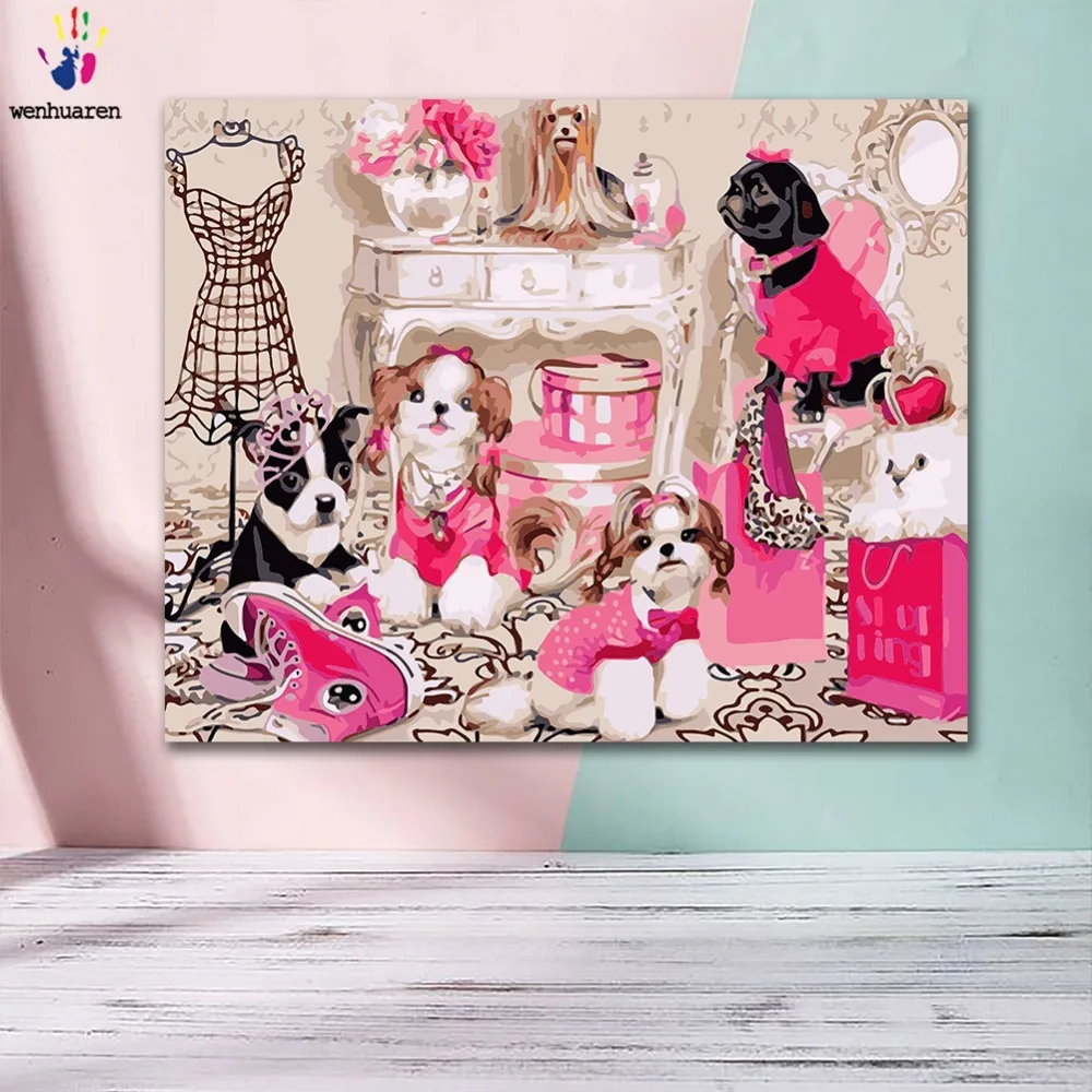 

DIY Coloring paint by numbers Fashionable luxury party for ladies and dogs paintings by numbers with kits 40x50 framed