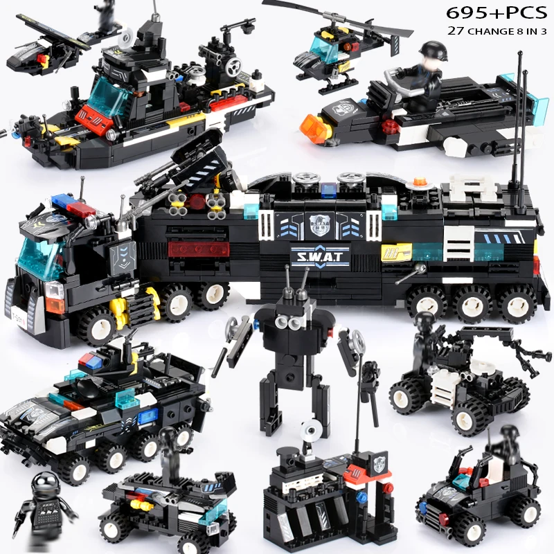 

695PCS 8 IN 1 Police Truck Station Helicopter Building Blocks Compatible Legoed City Children Boys Assembly Educational Toy