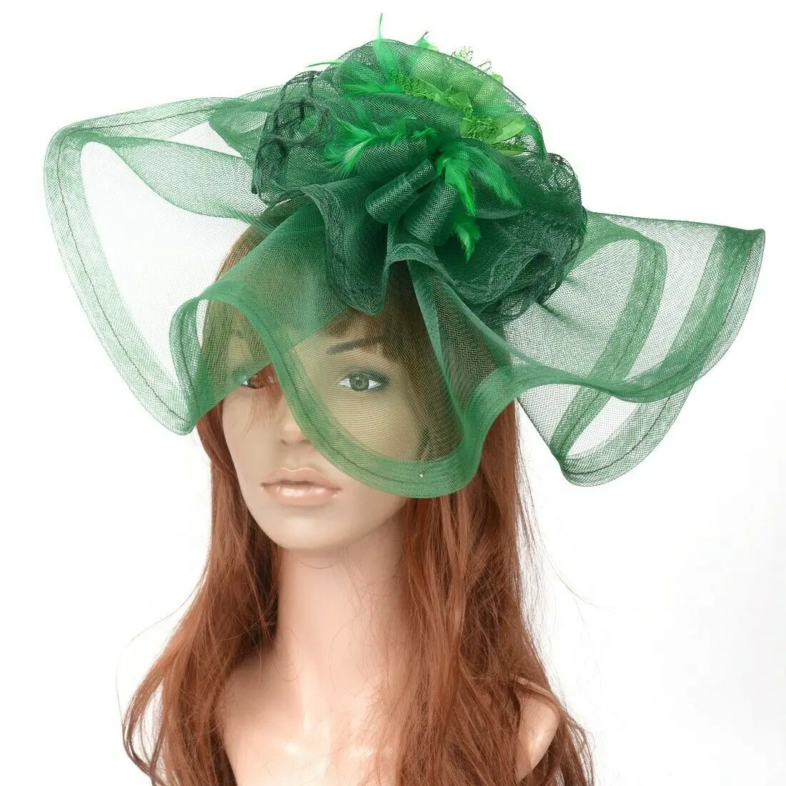 

Handmade Big Feather Flower Fascinator Hairband For Women Green White Wedding Party Church Hats Bride Headband Hair Accessories