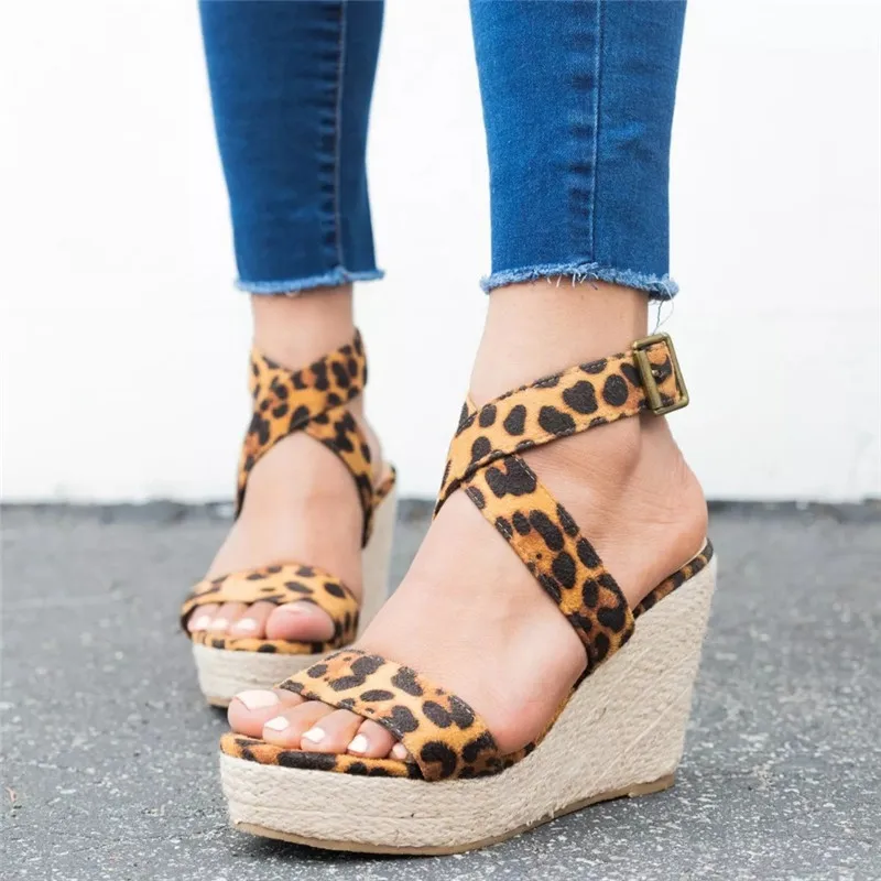 Leopard Wedge Sandals Summer Peep Toe Flock Buckle Strap Women Platform Espadrilles Sandal Plus Size 43 High Heels Shoes Female  (3)