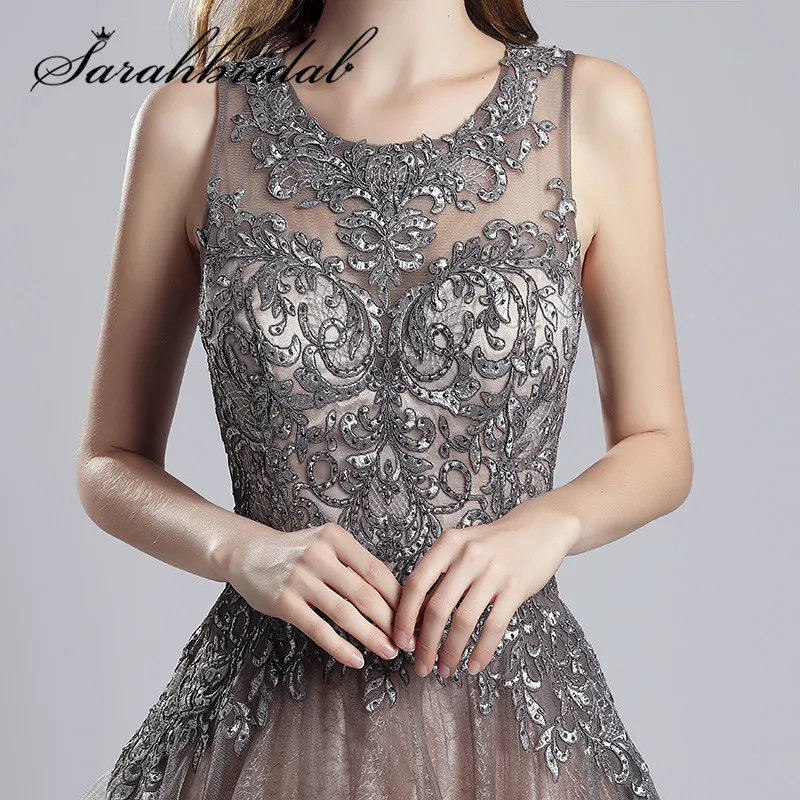 Elegant Evening Dresses Long Mocha Tulle Floor Length Vestidos De Festa Longo O-Neck Handmade Embroidery Prom Party Gowns CC560