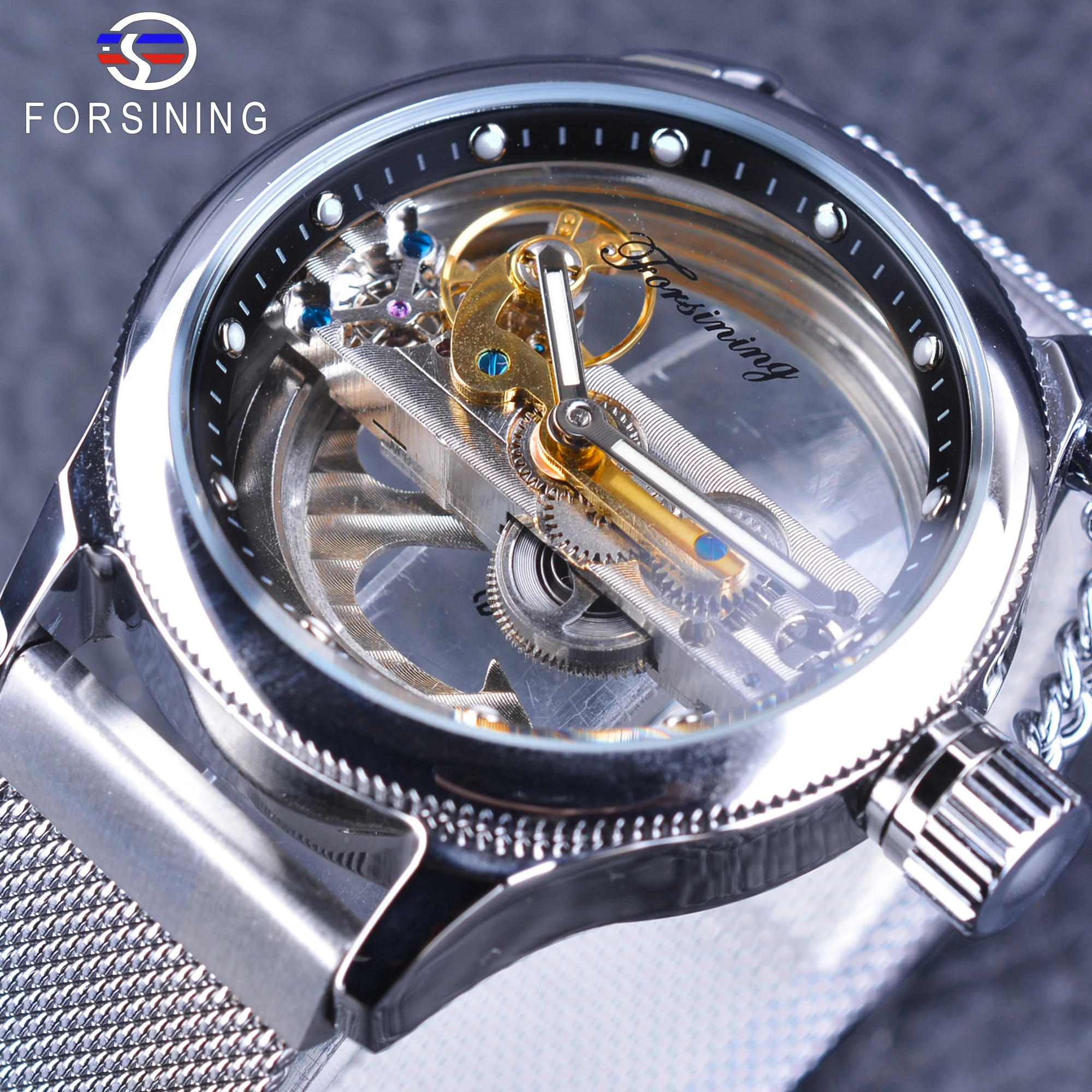 Forsining Openwork Silver Mesh Stainless Steel Band Skeleton Mens Watch Luminous Design Male Clock Automatic Fashion Wristwatch