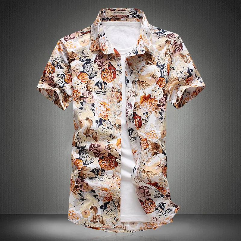 Mens Floral Printed Dress Shirt Plus Size Short Sleeve Men Fashion Slim ...