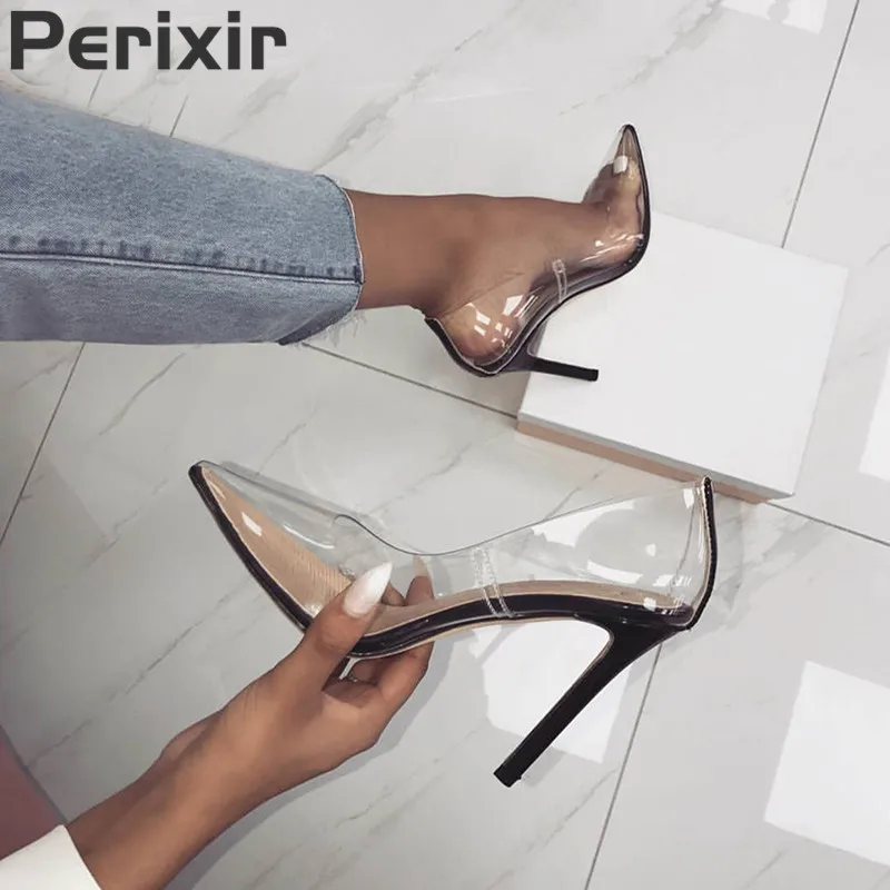 

Perixir Hot Summer Shoes Clear PVC Sandals Perspex Heel Stilettos High Heels Point Toes Womens Party Shoes Nightclub Pumps 36-41