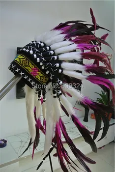 

21" high Hot Pink and black indian Feather headdress war bonnet Replica made feather costumes feather headpiece