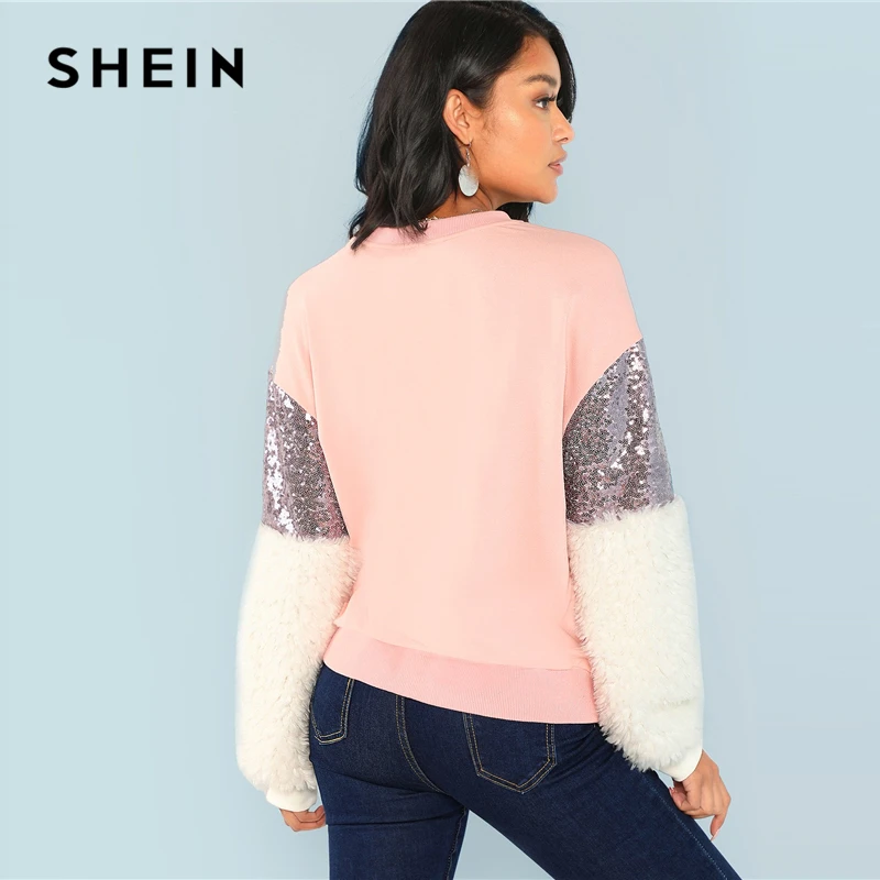 SHEIN Нарядный Свитшот С Контрастной Отделкой, Гламурный Свитшот С Длинным Рукавом И Блестками