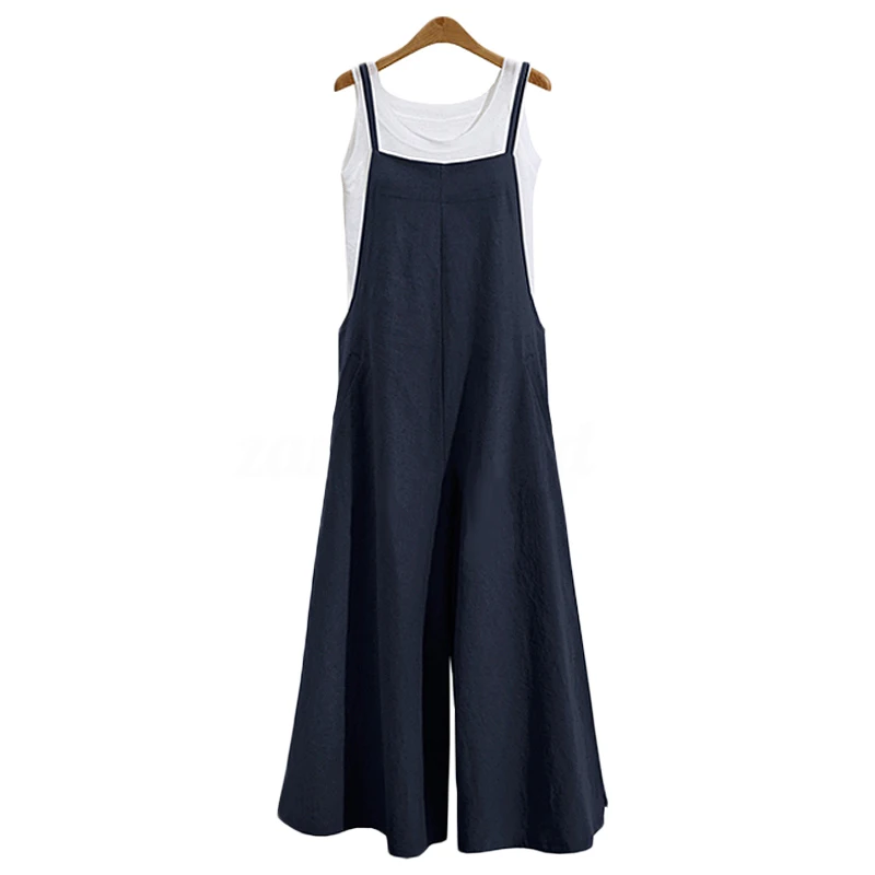 New Women Solid Strap Romper Cotton Wide Leg Dungaree Bib Jumpsuits Overalls Pants Pockets Tank Loose Casual Soft