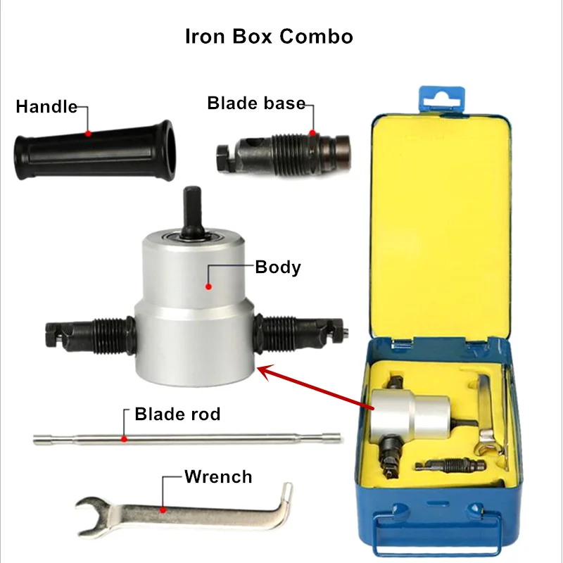 Резак для листового металла с двойной головкой, железная пила, инструмент для резки, электрическая дрель, металлические пластины, штамповочные ножницы, цвет случайный - Цвет: Iron Box Package