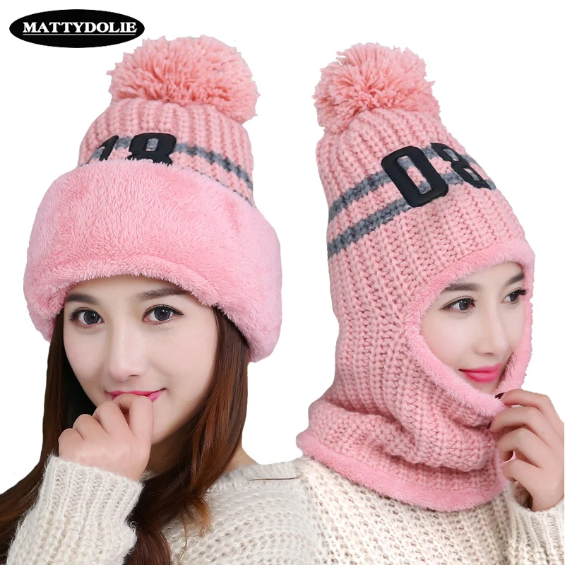 

MATTYDOLIE 08 Hat Women Winter Warm Knit Hat Plus Velvet Thicken Conjoined Masked Head Cap Earmuffs Anti-snow Bike Cap Men