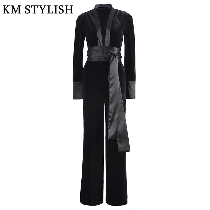 Velours Jambe Noir Nouveau À Taille Salopette Large Ceinture Manches Mince V bleu Mannequin Hiver Pantalon Haute Femelle Noir Longues Automne Bleu Col Ba8dxzqw