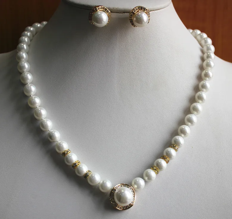 

hot sell new - simple style 8mm white shell pearl necklace matched with 14mm earring and pendant jewelry set for wedding and a