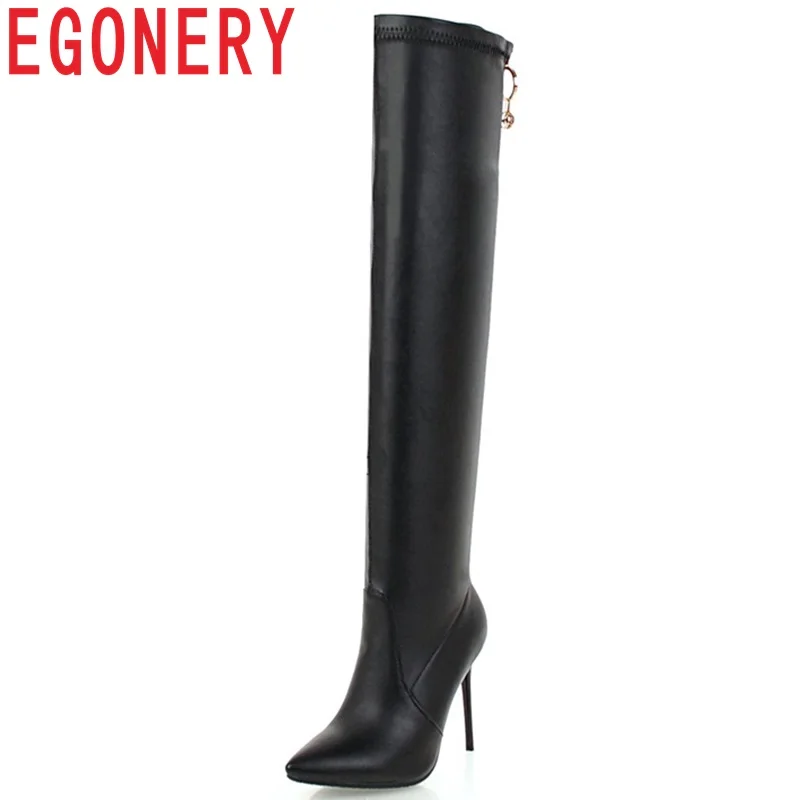 

EGONERY newest elegant pointed toe women over the knee boots crystal decoration zipper super high thin heels sexy party shoes