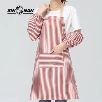 

SINSNAN Oxford Cloth Kitchen Apron For Baking Apron For Women Pinafore With Pocket Chef Cuff And Apron Set Cafe Home Stripes Bib