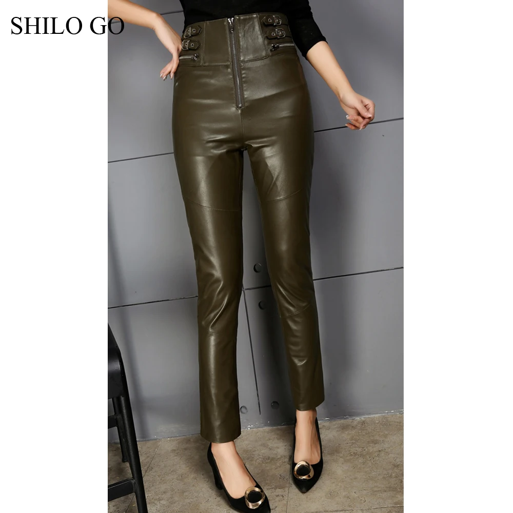 SHILO GO кожаные брюки женские осенние модные овчины из натуральной кожи брюки с высокой талией сексуальные черные узкие брюки с молнией спереди