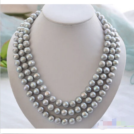 

P4362 beautiful 3row 21" 12mm gray round freshwater pearl necklace ^^^@^Noble style Natural Fine jewe SHIPPING (C0309)