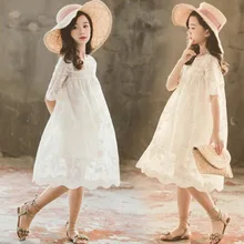 Летние белые кружевные платья принцессы для девочек-подростков, платье с короткими рукавами для свадебной вечеринки, костюм для девочек