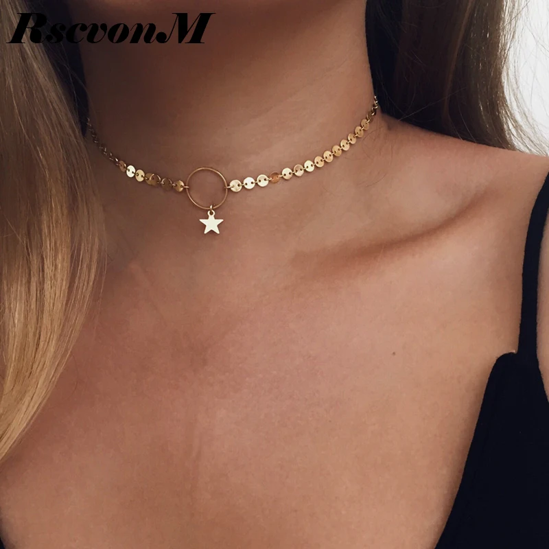 

RscvonM New fashion Gold stars Choker Necklace layer Style Short Simple Sequins Chokers Necklace Charm Collier drop shipping
