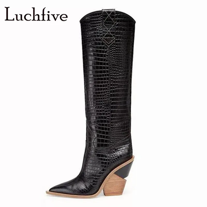 

Hot High Wedges Snake-pattern Knee High Boots Women Genuine Leather Pointy Toe Long Boots Black Slip on Winter Botas Feminina