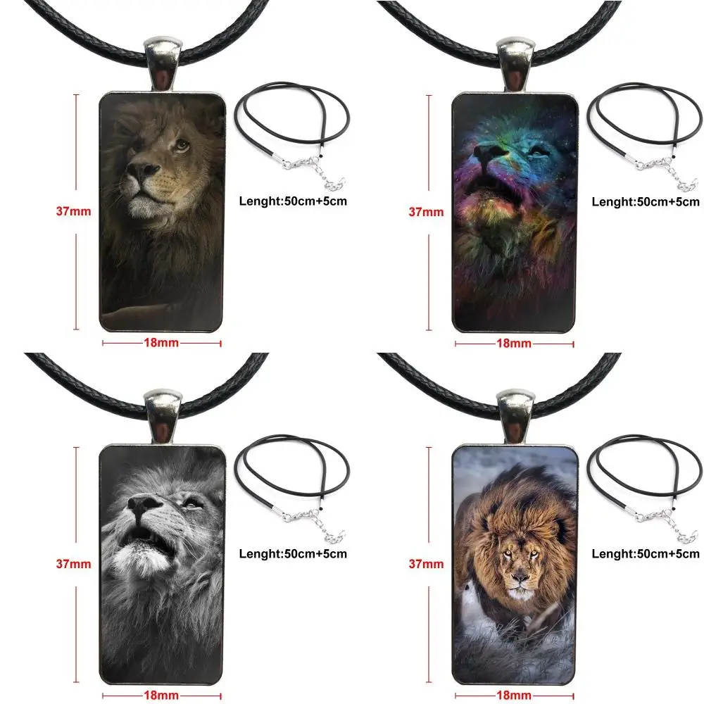

For Girls Handmade Gift Majestic Lion Portrait Design Fashion Vintage Glass Women Rectangle Necklace Pendants