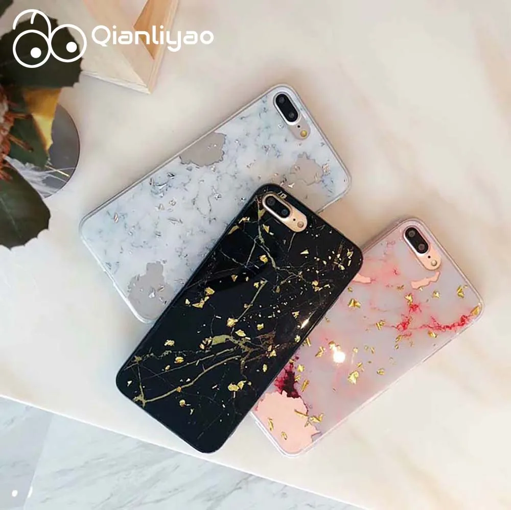 

Qianliyao Gold Foil Bling Marble Phone Case For iPhone X XS Max XR Hole Soft TPU Cover For iPhone 6 6s 7 8 Plus Glitter Back
