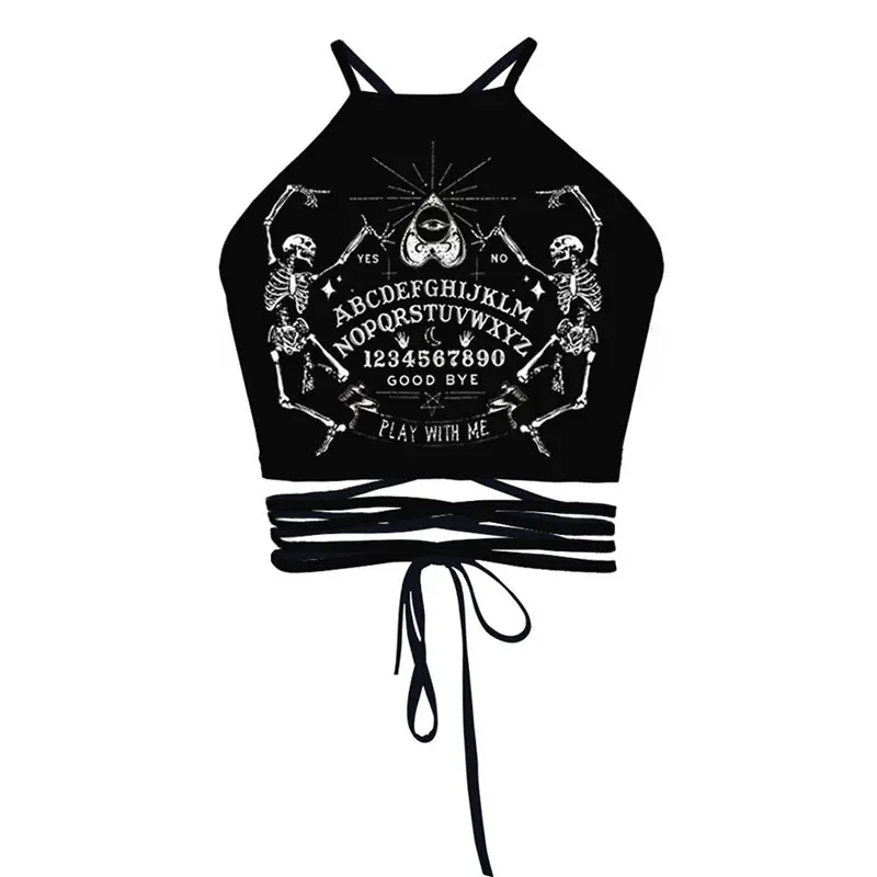 

Skull Letter Funny Print Sexy Camisole Women Tank Tops Lace Up Backless Streetwear Bandage Gothic Hipster Summer Black Crop Top