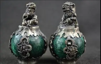 

Old Handwork Green Jade Armoured Dragon lion fu dog Pair Statue Paperweight