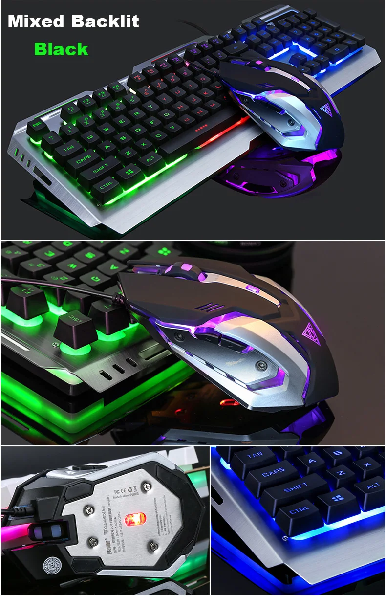 V1 Проводная игровая эргономичная usb-клавиатура с радужной подсветкой+ оптическая игровая мышь 3200 dpi для ноутбука+ коврик для мыши