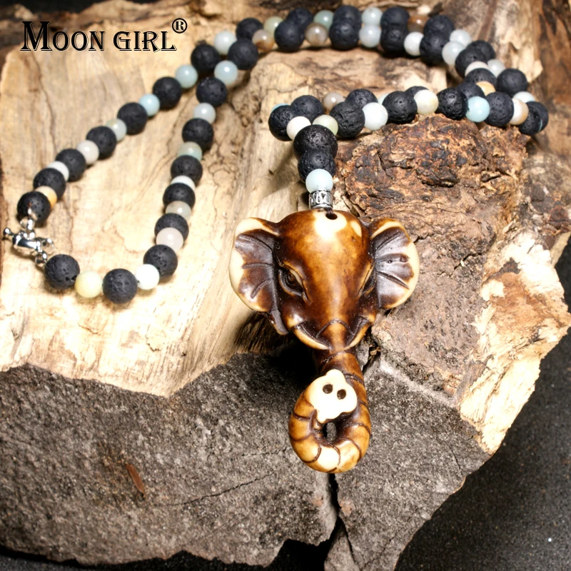 

MOON GIRL 8MM Lava Stone Diffuser Fashion Necklaces Pendants Elephant Boho Amazonite Beads Long Necklace for Women Men Dropship