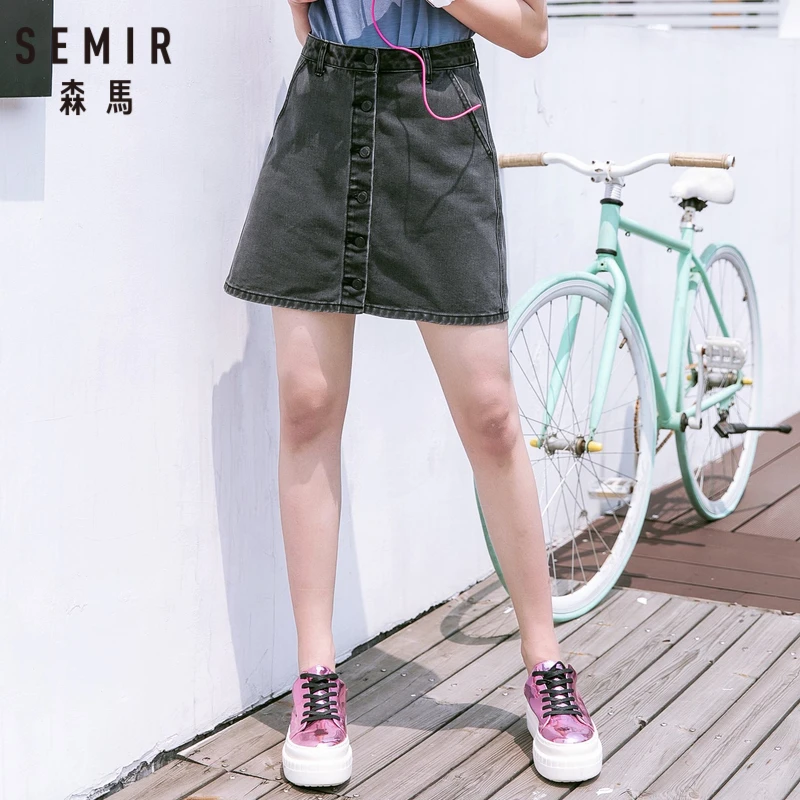  SEMIR Women Denim Skirt in Soft Cotton with Side Pocket Front Button Closure A-Line Denim Skirt Lin