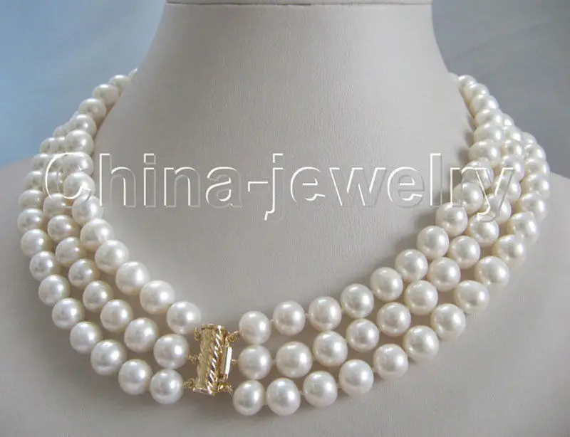 P1951 - AAA 17-19" 3row 8-9mm natural white round freshwater pearl necklace - Image 2