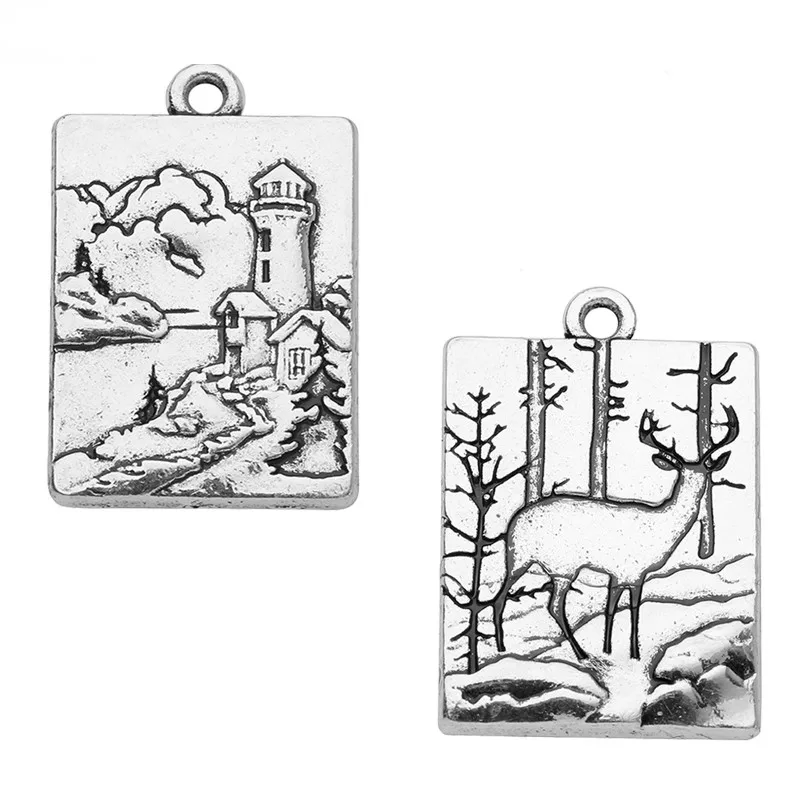 

Skyrim 5Pcs Laser Engrave 3D Lighthouse/Elk Natural Landscape Square Charms Pendants For Jewelry Making DIY Accessories Finding