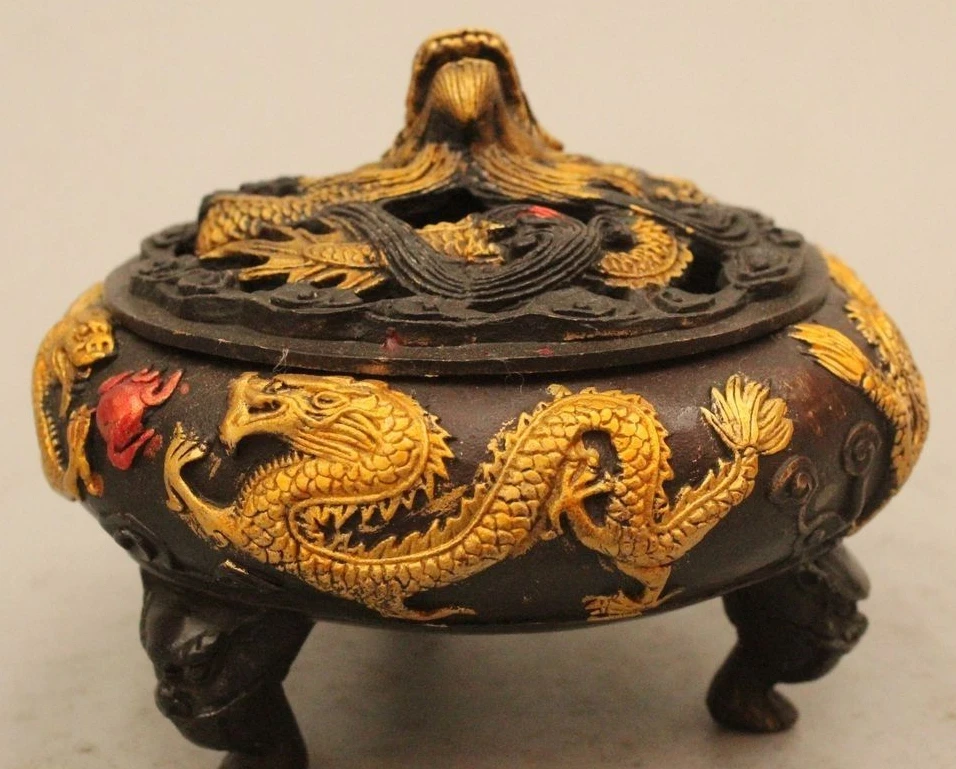

3"Marked Chinese Dynasty Palace Bronze Gild Dragon Play Bead Incenser Burner Cen