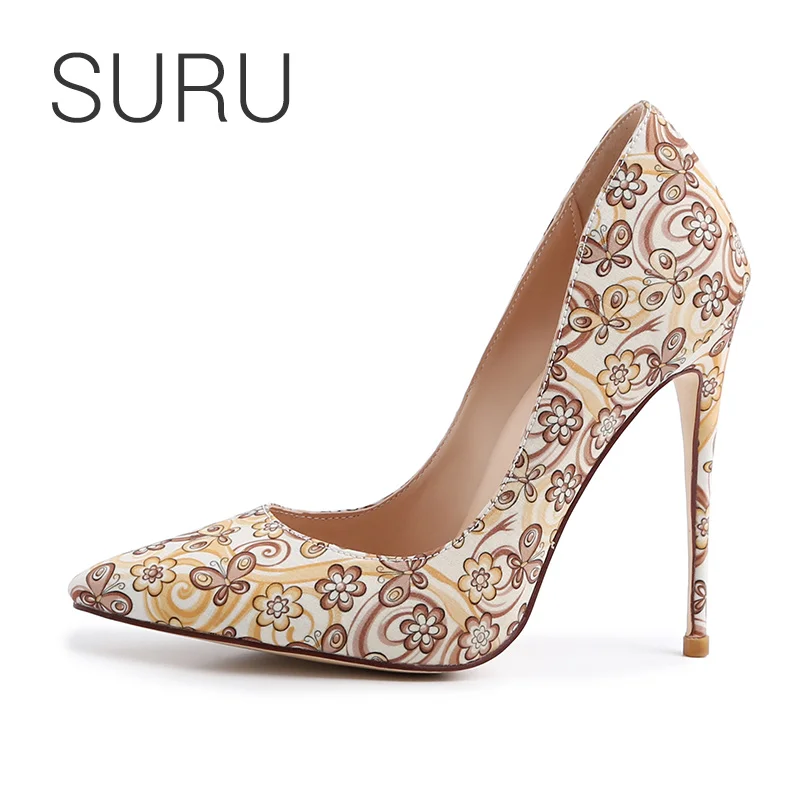 

SURU Large Size Heels Women 5 Inch Big Size Heels Sexy Pointed Toe Stilettos Printing Blue EUR 34-46