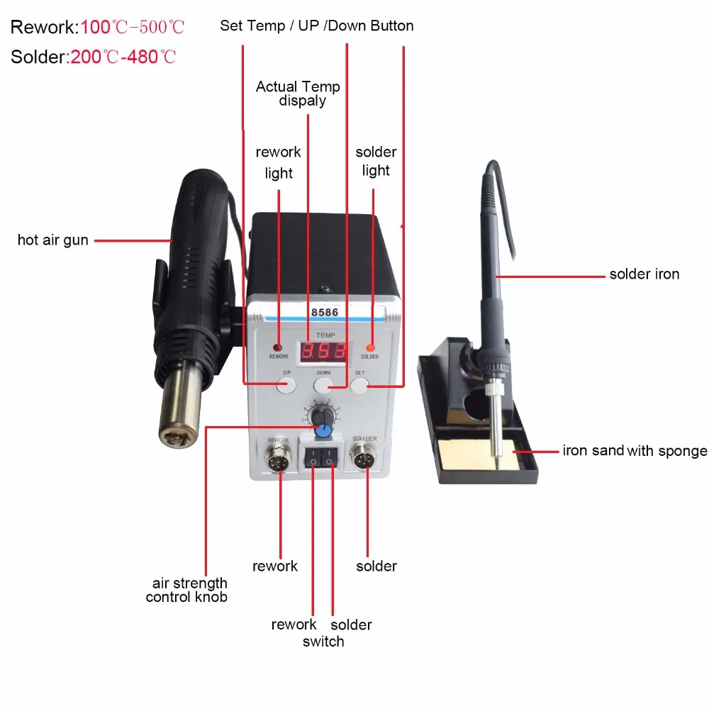 Eruntop 8586 Электрический паяльник с двойным цифровым дисплеем+ DIY фена лучше SMD паяльная станция