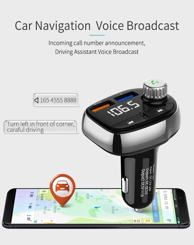 QC3.0 автомобильное зарядное устройство с двумя usb-портами для быстрой зарядки, Bluetooth навигация, fm-передатчик, радио, музыкальный Mp3 плеер, беспроводной автомобильный комплект с громкой связью