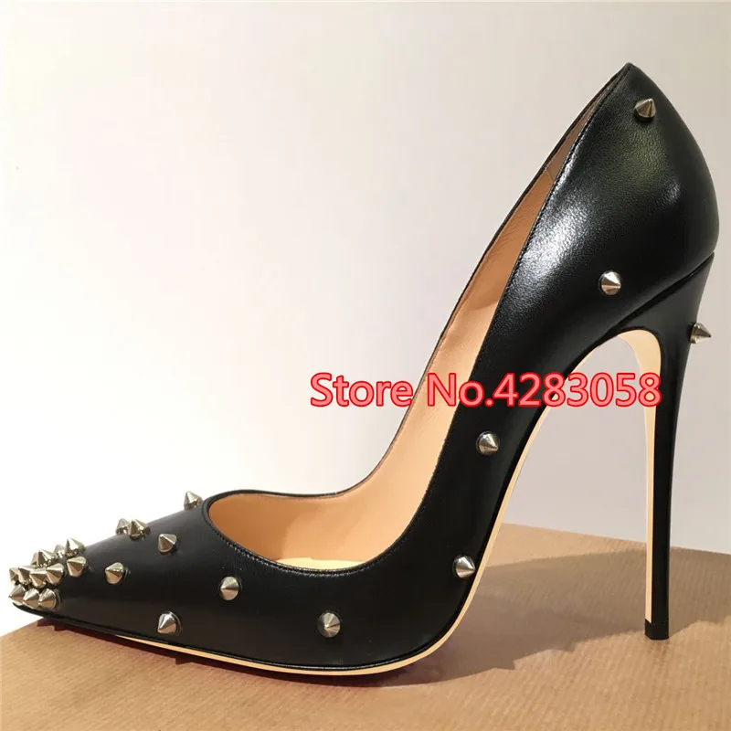 

Free shipping fashion women Pumps lady Black matt leather spikes Pointy toe platform high heels shoes size33-43 12cm 10cm 8cm