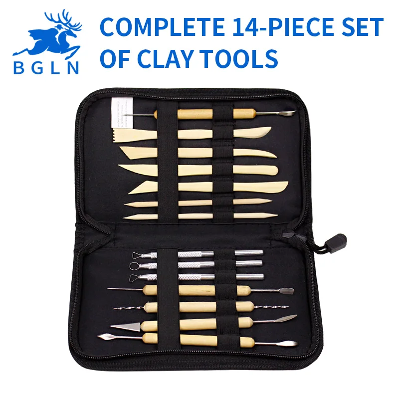 Super Quality 14Pcs Wooden Metal Pottery Clay Tools With Case Molding Sculpture Sculpting Clay Tool Kit HB-J-1