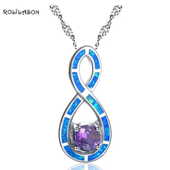 

ROLILASON Charm gift for Women Blue fire opal purple zircon silver Necklace Pendant OP788