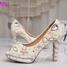 Fashion Ivory Pearl Dress Shoes Peep Toe Women Rhinestone Bridal Shoes Wedding High Heel Shoes Party Prom Shoes 4 Inches Heel