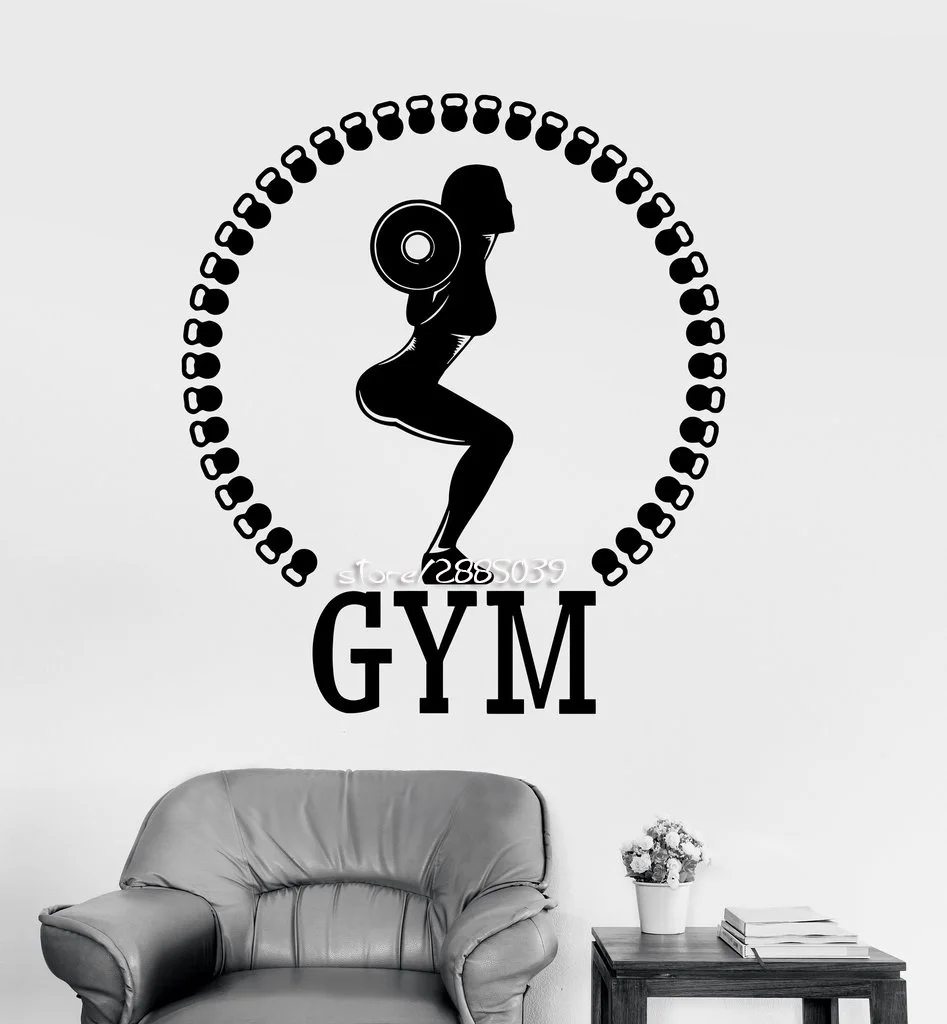 Woman Gym Fitness Vinyl Wall Declas Dumbbell Bodybuilding Art Stickers