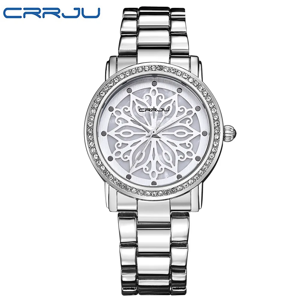 Новая мода CRRJU часы Женское платье часы розовое золото полная сталь Аналоговые Кварцевые женские Стразы Наручные часы - Цвет: silver