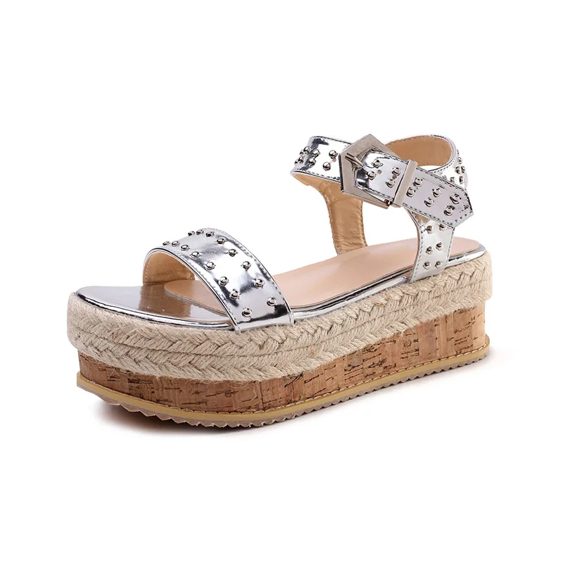 

Fashion Women Gladiator studded Sandal Wedges Platform Shoes silver rivet sandals Espadrille High Heels plus size summer shoes