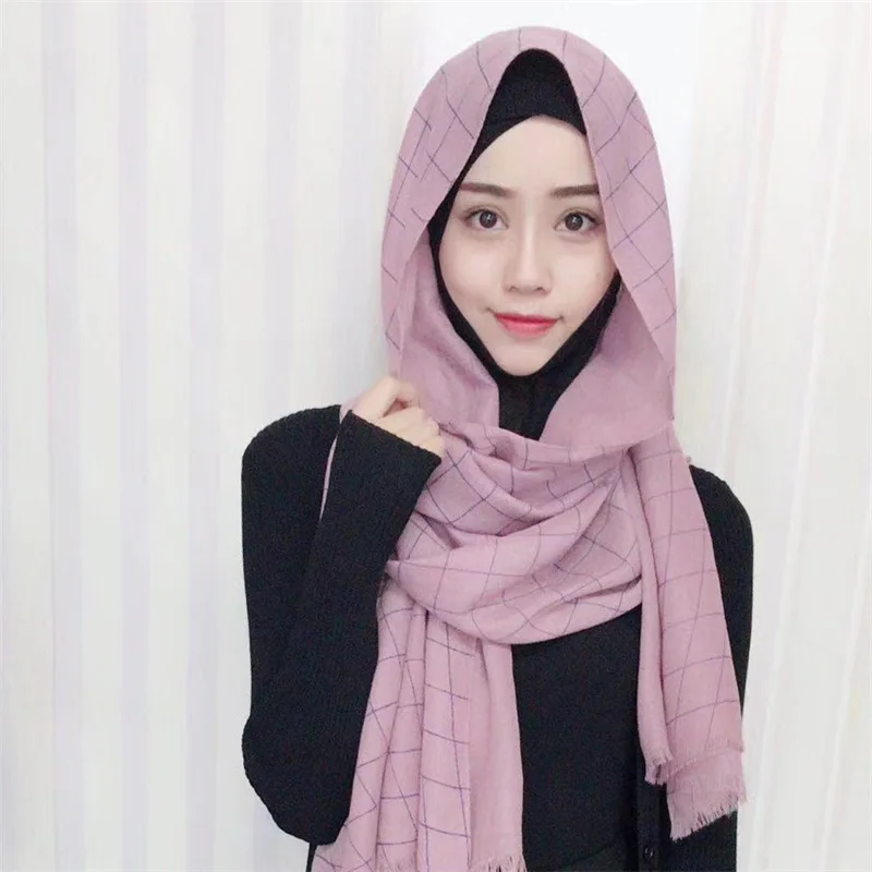 Хлопковый женский хиджаб шарф женский простой клетчатый длинный платок головной платок Женский Повседневный широкий шарф хиджаб