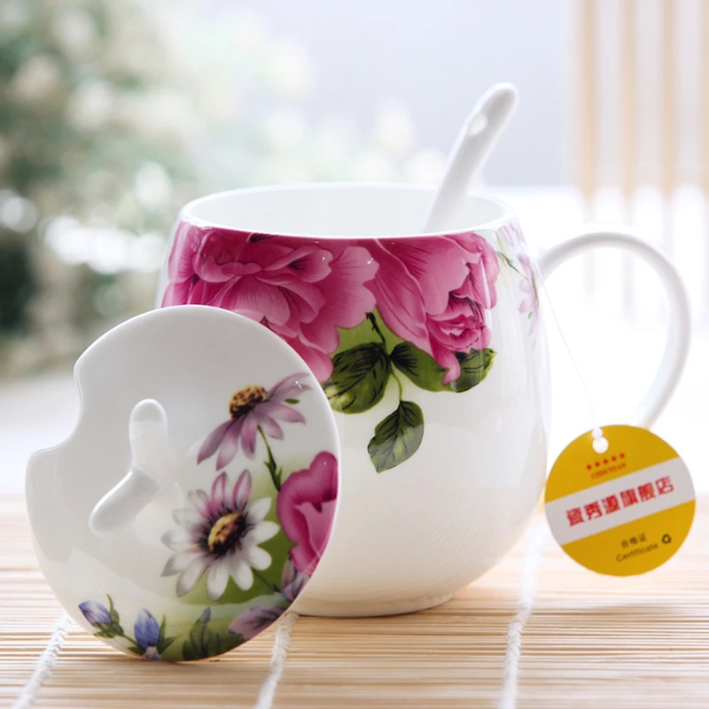 

High Quality Home Bone China Ceramic Cup Flower Exquisite Pattern Office 400ml Porcelain Coffee Milk Tea Mug with Spoon Cover