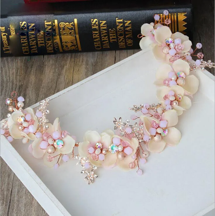 Blush Pink Flower Headwear Bridal Hair Decorations Flowers with Pearls Boho Mori Girls Fashion In Stock ZH013