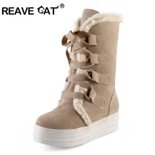 REAVE CAT/; теплые плюшевые женские зимние ботинки; ботинки на танкетке; женские ботинки до середины икры на шнуровке в австралийском стиле; зимняя обувь; A1015