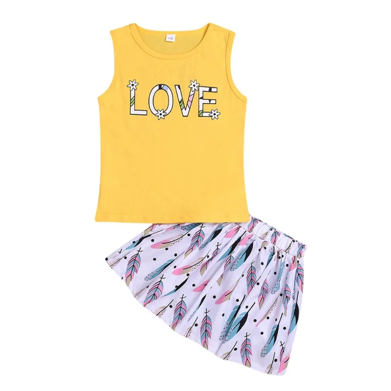 

2Pcs/Set Baby Girls Casual Summer Sleeveless Vest Letter Print Blouse+Floral Short Skirts Suits Costume Set